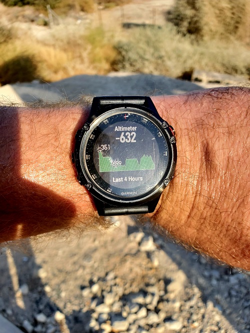 Altimeter on my sweaty wrist reads minus six hundred and thirty two feet.