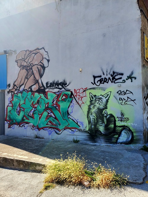 Spray painted figures of a fox and a soldier in graffiti style with sprigs of grass growing through the pavement in the foreground. 