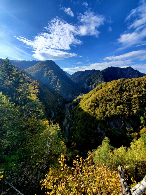 A narrow highway seen from the ridge above. Mountains covered in the green and oranges of early fall surround it.