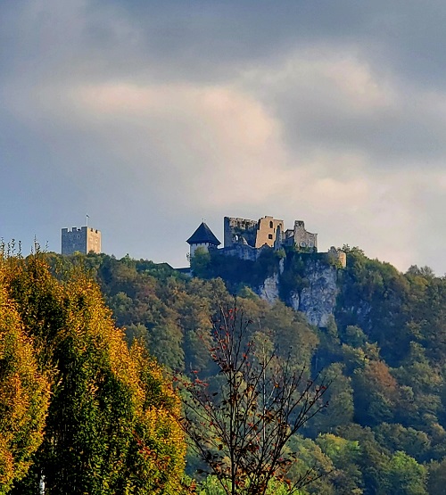 The citadel above Celje. Trees cover the hillsides and the ridge.